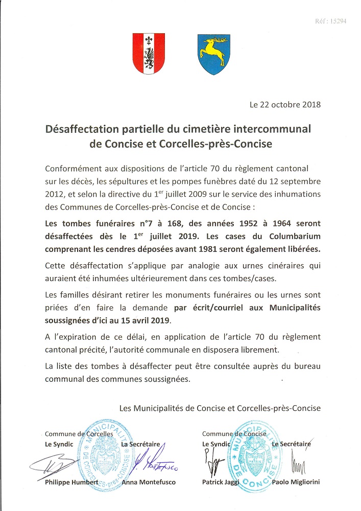 15294 Cimetière Corcelles Concise. Avis. Désaffectation partielle tombes urnes 2019 site