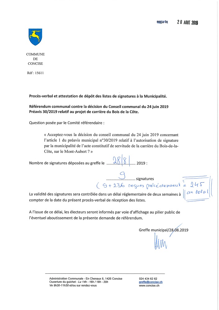 15611 Christos Nüssli Référendum PV réception signatures. Référendum vs préavis 30 2019 Carrière2