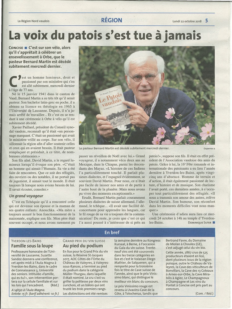 La Région. Article. Décès de M. Bernard Martin pasteur