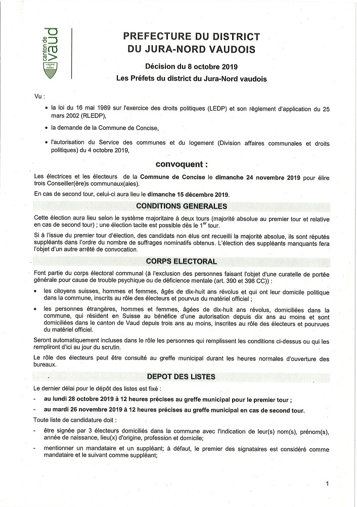 r 4751 Préfecture Convocation Election complémentaire au Conseil communal. 3 sièges. 24.11.2019