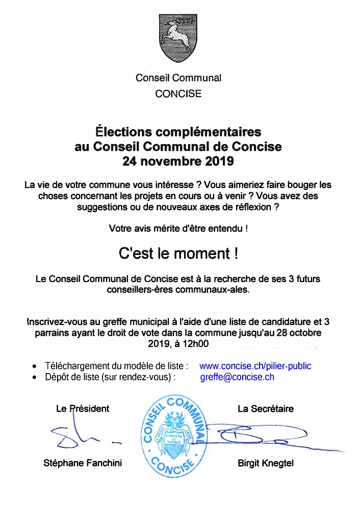 r 4766 Conseil communal Election Tout ménage octobre 2019. Election complémentaire